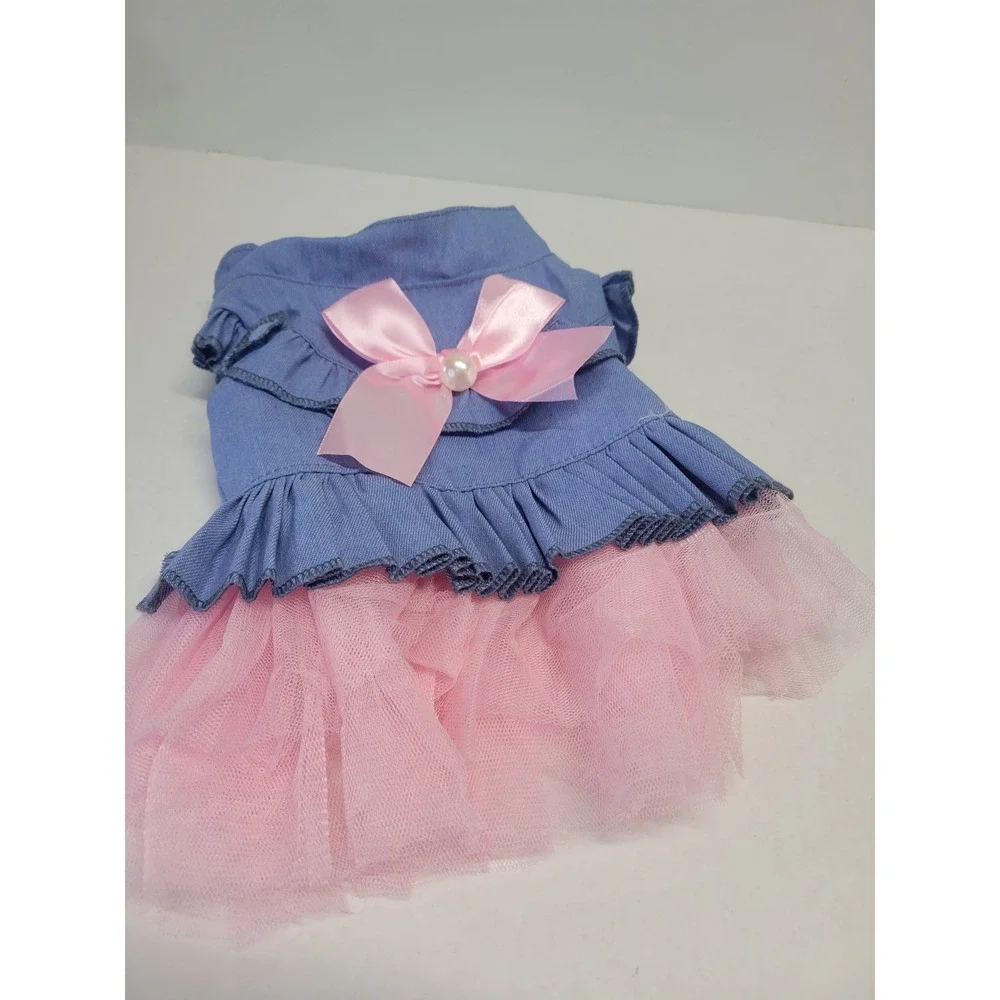 Small Blue Denim and Pink‎ Tulle Tutu Pet Dress with Satin Bow and Pearl Size S